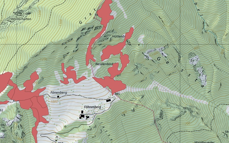 Landeskarte swisstopo mit dem Schutzperimeter von Fönenbergen (Trockenwiese)