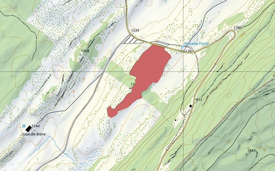 Carte nationale swisstopo avec le périmètre protégé de Font. Froide (Prairie sèche)