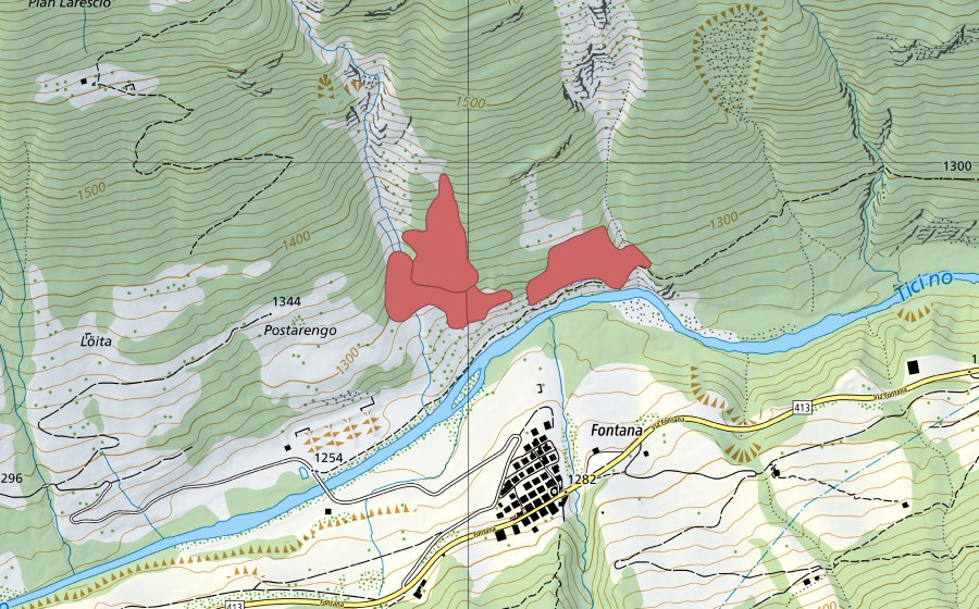 Landeskarte swisstopo mit dem Schutzperimeter von Fontana (Trockenwiese)