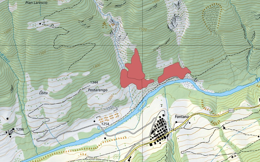 Landeskarte swisstopo mit dem Schutzperimeter von Fontana (Trockenwiese)