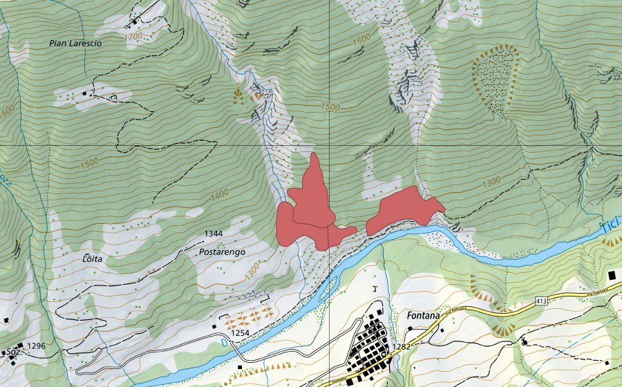 Landeskarte swisstopo mit dem Schutzperimeter von Fontana (Trockenwiese)