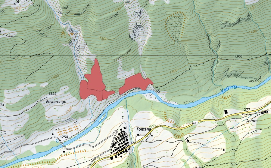 swisstopo national map showing the protected perimeter of Fontana (Dry meadow)