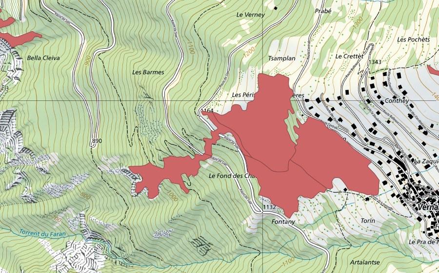 Carte nationale swisstopo avec le périmètre protégé de Fontany (Prairie sèche)