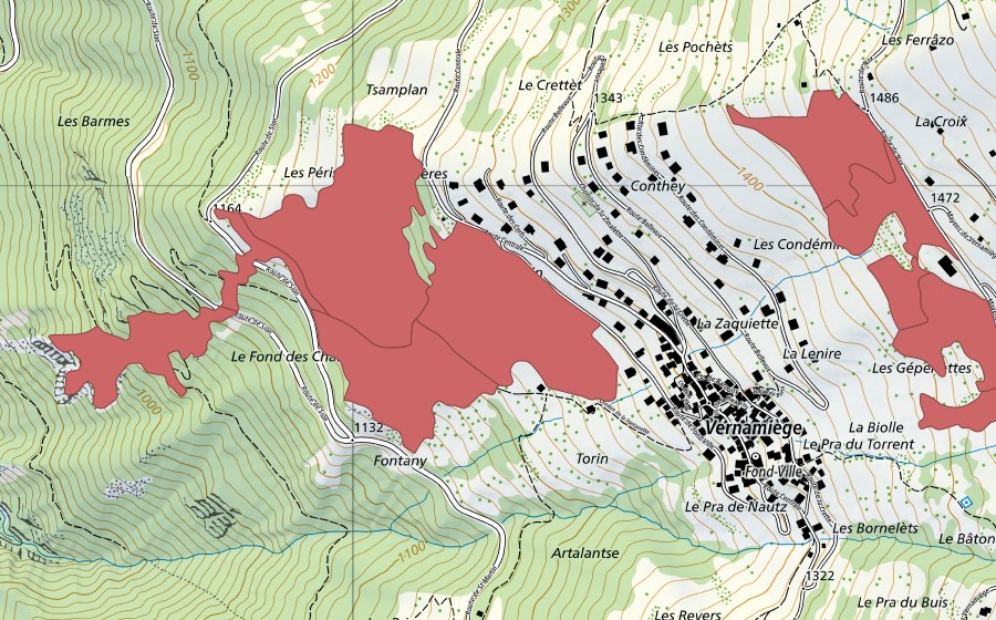 Landeskarte swisstopo mit dem Schutzperimeter von Fontany (Trockenwiese)