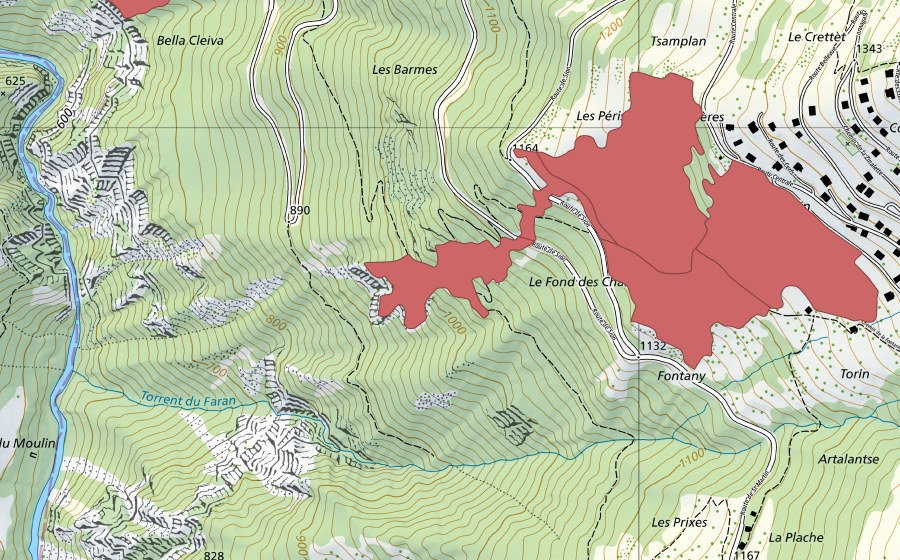Landeskarte swisstopo mit dem Schutzperimeter von Fontany (Trockenwiese)