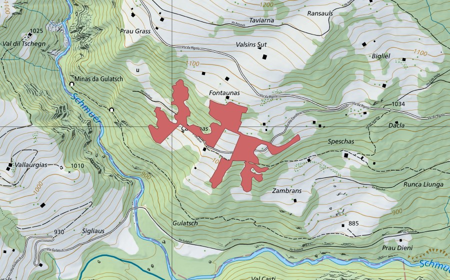 swisstopo national map showing the protected perimeter of Fontaunas (Dry meadow)