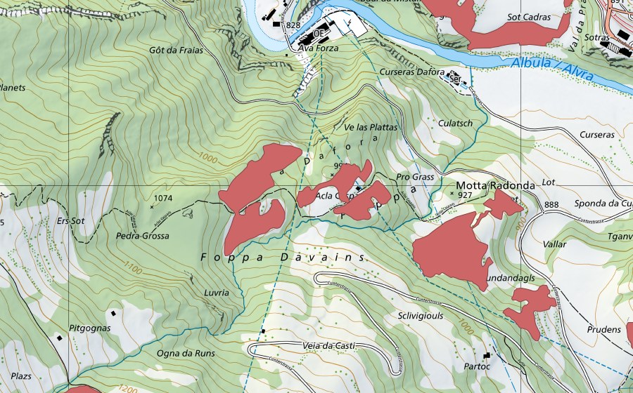 Landeskarte swisstopo mit dem Schutzperimeter von Foppa (Trockenwiese)