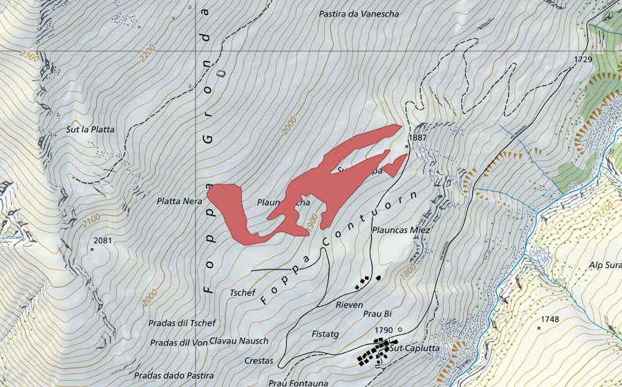 Carte nationale swisstopo avec le périmètre protégé de Foppa (Prairie sèche)