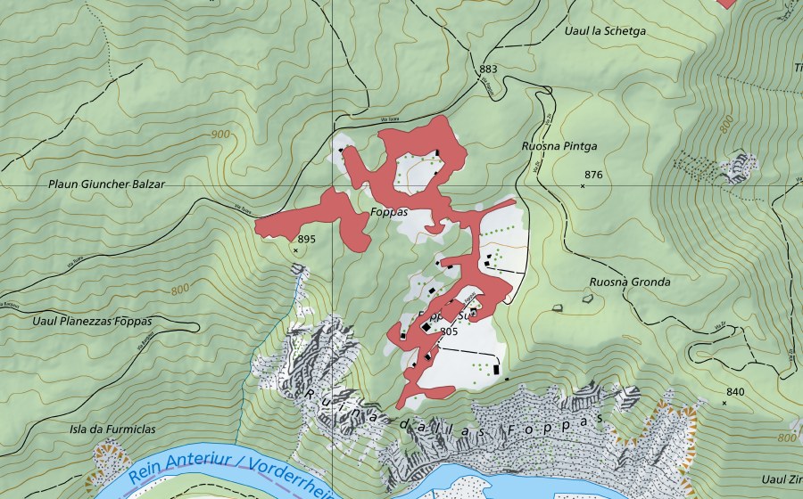 Landeskarte swisstopo mit dem Schutzperimeter von Foppas (Trockenwiese)