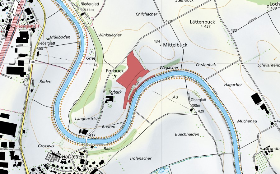 Carte nationale swisstopo avec le périmètre protégé de Forbuck (Prairie sèche)