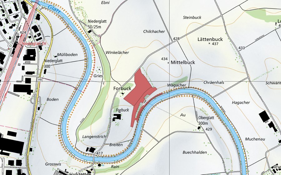 Carte nationale swisstopo avec le périmètre protégé de Forbuck (Prairie sèche)