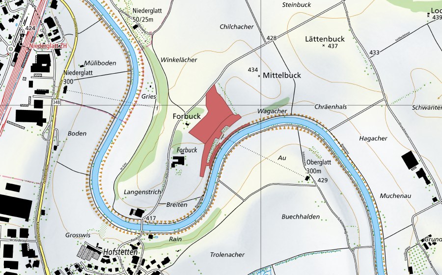 Carte nationale swisstopo avec le périmètre protégé de Forbuck (Prairie sèche)