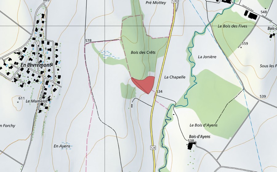 swisstopo national map showing the protected perimeter of Forel (Dry meadow)