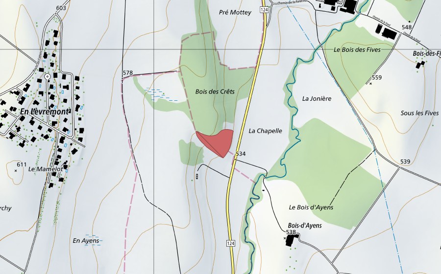 Carte nationale swisstopo avec le périmètre protégé de Forel (Prairie sèche)