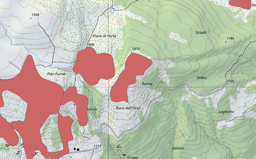 Landeskarte swisstopo mit dem Schutzperimeter von Fornéi (Trockenwiese)