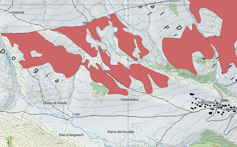 swisstopo national map showing the protected perimeter of Fornéi (Dry meadow)