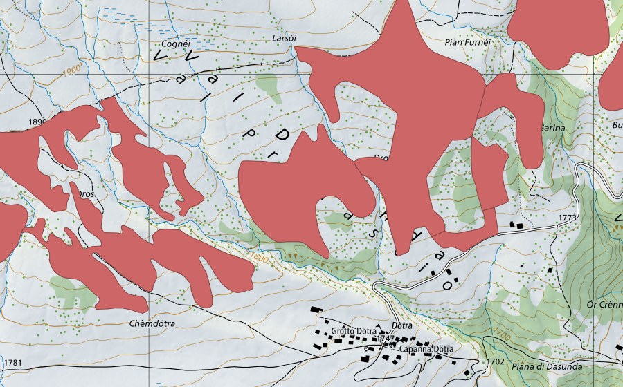 Carte nationale swisstopo avec le périmètre protégé de Fornéi (Prairie sèche)