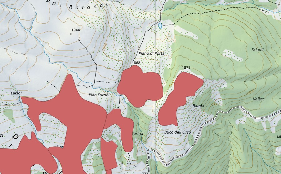 Landeskarte swisstopo mit dem Schutzperimeter von Fornéi (Trockenwiese)