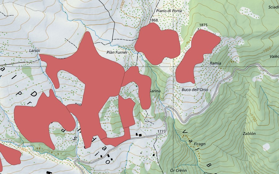 swisstopo national map showing the protected perimeter of Fornéi (Dry meadow)