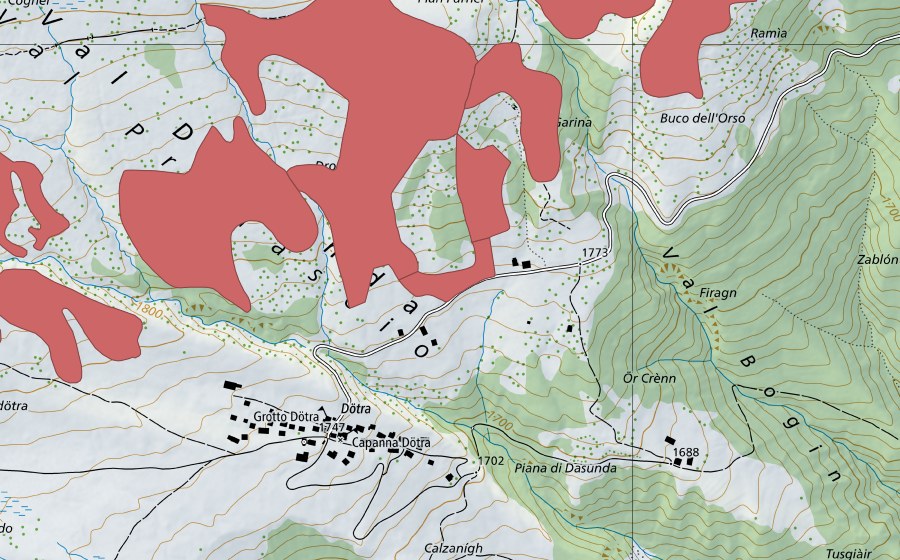 Landeskarte swisstopo mit dem Schutzperimeter von Fornéi (Trockenwiese)
