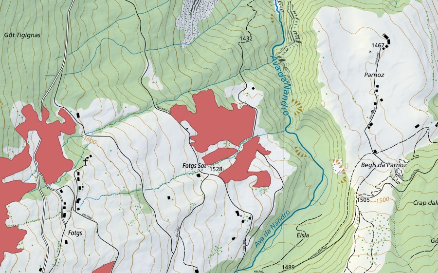 Carte nationale swisstopo avec le périmètre protégé de Fotgs (Prairie sèche)