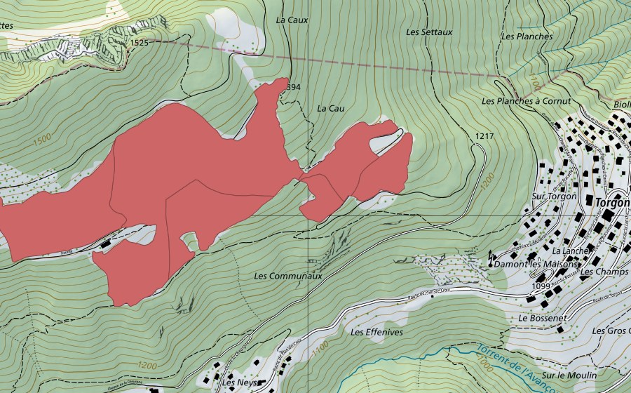 swisstopo national map showing the protected perimeter of Fracette (Dry meadow)