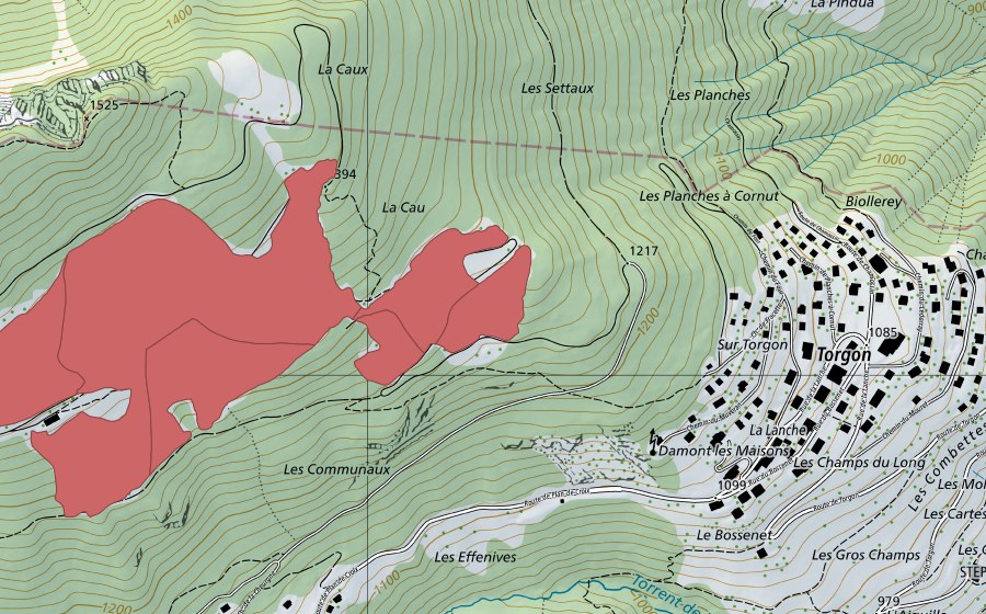 Landeskarte swisstopo mit dem Schutzperimeter von Fracette (Trockenwiese)