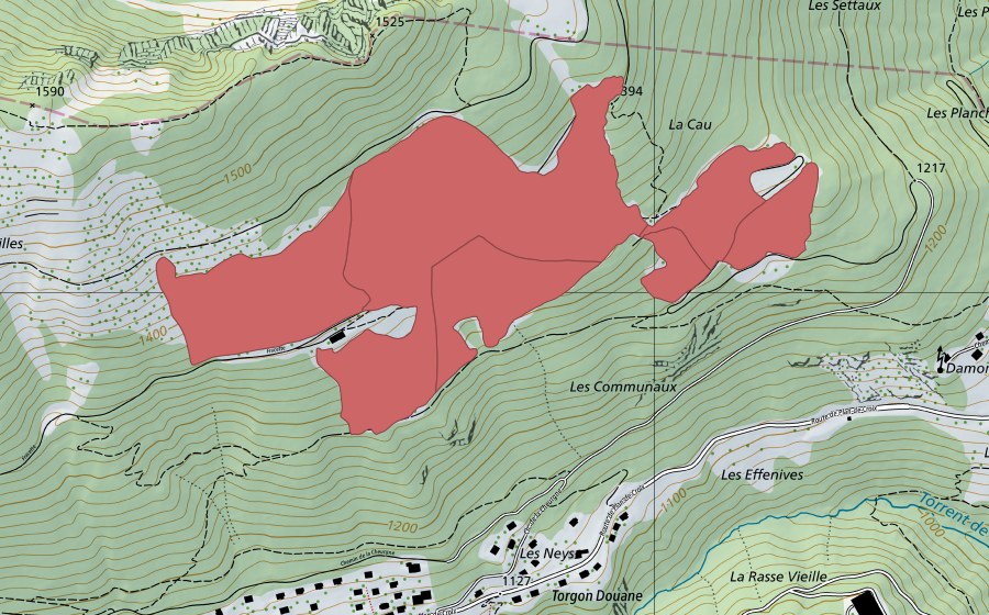 Carte nationale swisstopo avec le périmètre protégé de Fracette (Prairie sèche)