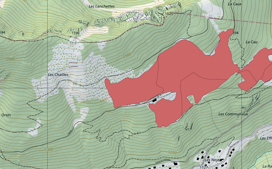 swisstopo national map showing the protected perimeter of Fracette (Dry meadow)