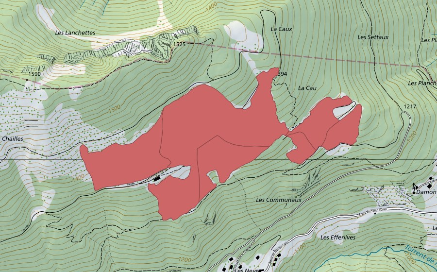 Landeskarte swisstopo mit dem Schutzperimeter von Fracette (Trockenwiese)