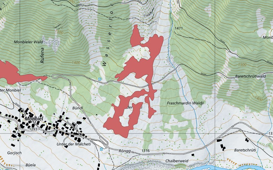 Carte nationale swisstopo avec le périmètre protégé de Fraschmardin (Prairie sèche)