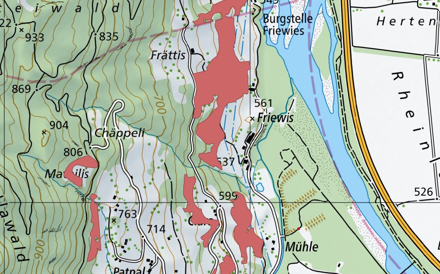 Carte nationale swisstopo avec le périmètre protégé de Frättis (Prairie sèche)