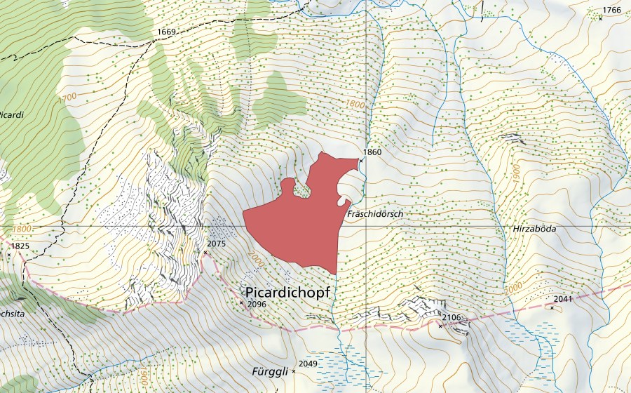 Landeskarte swisstopo mit dem Schutzperimeter von Freschidörsch (Trockenwiese)