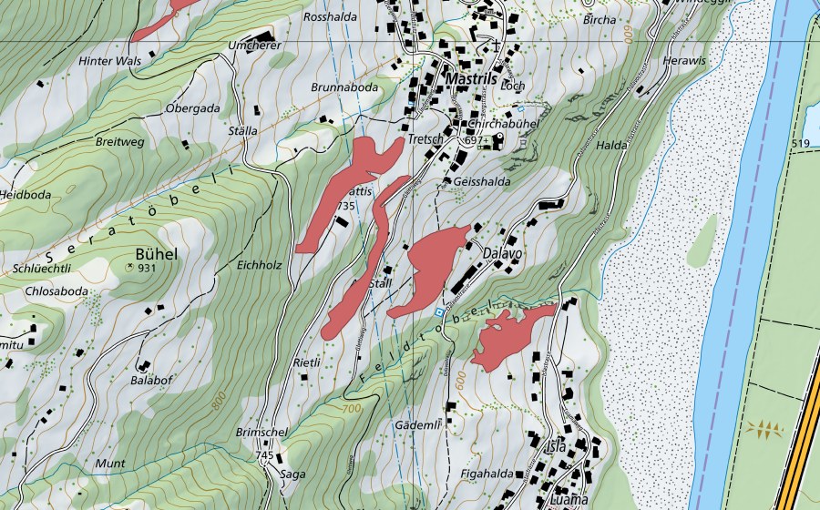 Landeskarte swisstopo mit dem Schutzperimeter von Frettis (Trockenwiese)