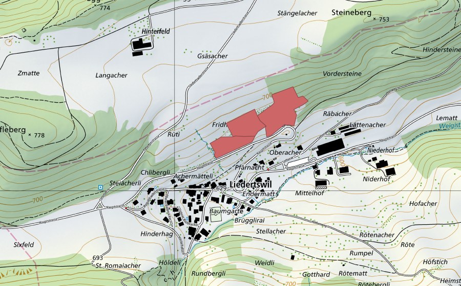 Carte nationale swisstopo avec le périmètre protégé de Fridhag (Prairie sèche)