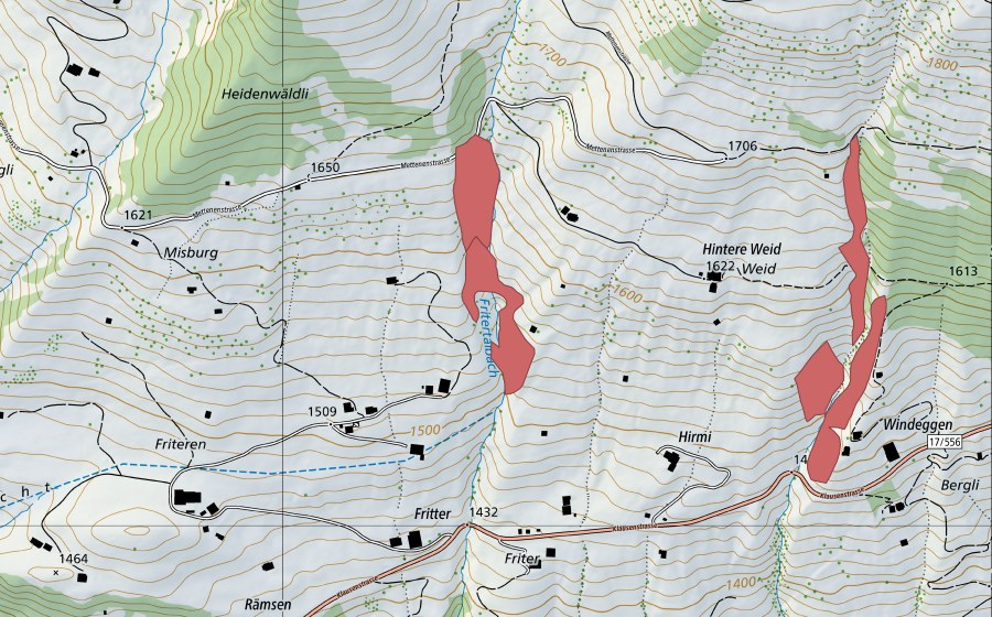 Carte nationale swisstopo avec le périmètre protégé de Friteren (Prairie sèche)