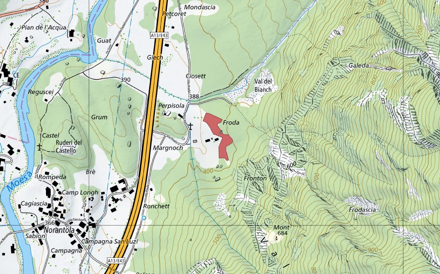 Carte nationale swisstopo avec le périmètre protégé de Froda (Prairie sèche)