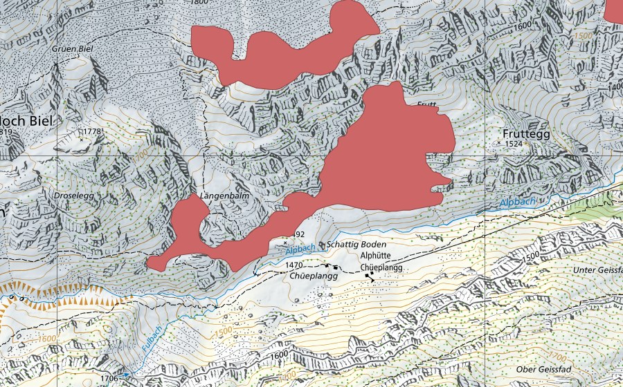 swisstopo national map showing the protected perimeter of Frutt (Dry meadow)