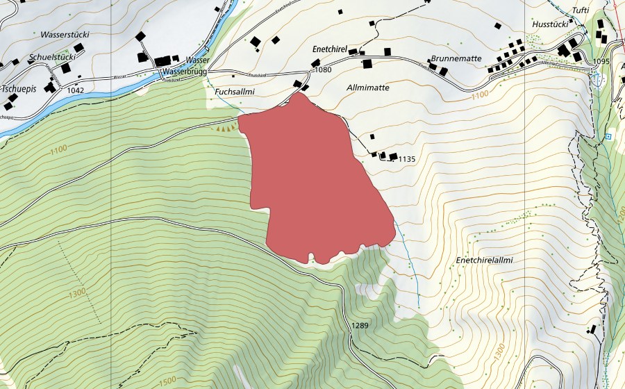 Carte nationale swisstopo avec le périmètre protégé de Fuchsallmi (Prairie sèche)