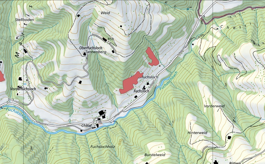 Carte nationale swisstopo avec le périmètre protégé de Fuchsloch (Prairie sèche)