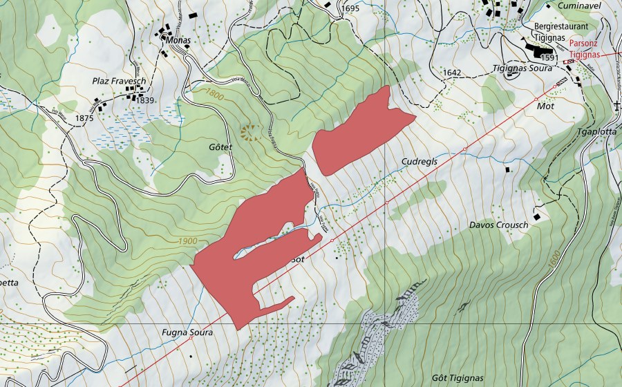 Carte nationale swisstopo avec le périmètre protégé de Fugna (Prairie sèche)