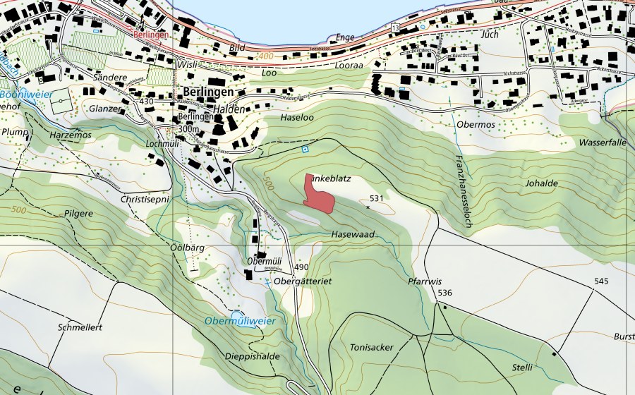 Carte nationale swisstopo avec le périmètre protégé de Funkeblatz (Prairie sèche)