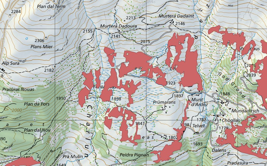 swisstopo national map showing the protected perimeter of Funtanivas (Dry meadow)