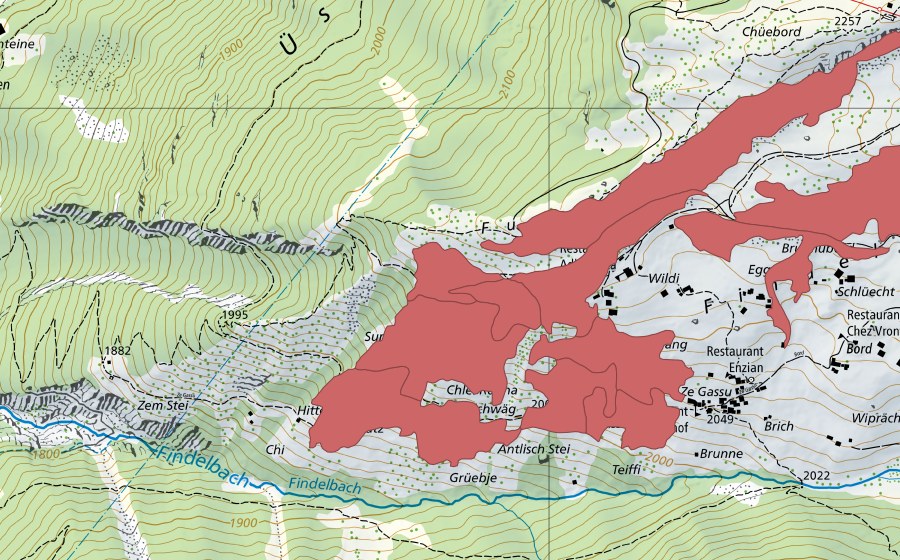 Carte nationale swisstopo avec le périmètre protégé de Furggegga (Prairie sèche)