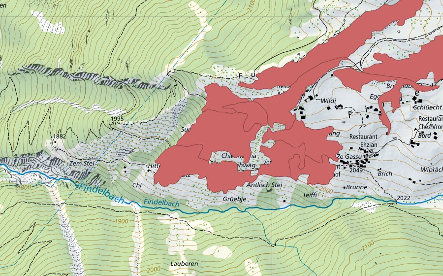 Carte nationale swisstopo avec le périmètre protégé de Furggegga (Prairie sèche)