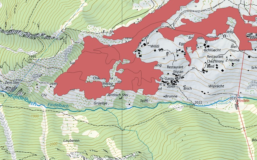 Carte nationale swisstopo avec le périmètre protégé de Furggegga (Prairie sèche)