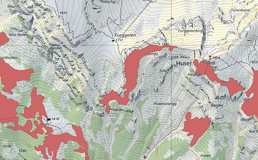 Landeskarte swisstopo mit dem Schutzperimeter von Furggeli (Trockenwiese)