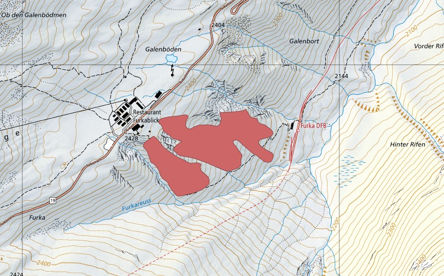 swisstopo national map showing the protected perimeter of Furkablick (Dry meadow)
