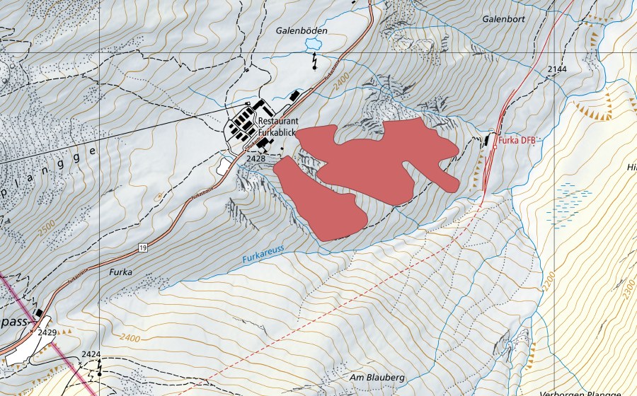 Carte nationale swisstopo avec le périmètre protégé de Furkablick (Prairie sèche)