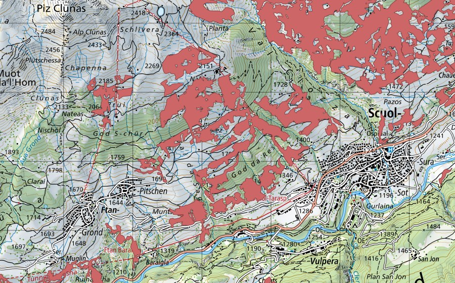 Carta nazionale swisstopo con il perimetro protetto di Furmièrs (Prato secco)